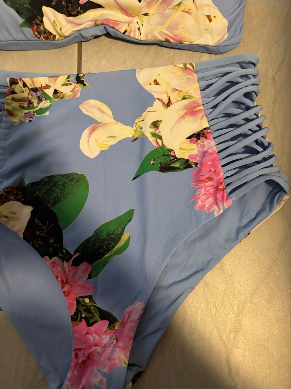 Women’s TiniBikini Light Blue Floral Strappy Two-Piece High Rise Bottoms - Picture 4 of 10